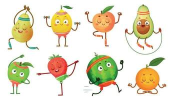 Fruit characters yoga. Fruits in fitness exercises poses, wellness food and funny sport fruit cartoon vector illustration set