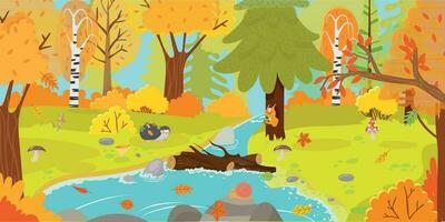 Autumn forest. Autumnal nature landscape, yellow forests trees and woodland fall leaves cartoon vector illustration