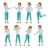 Cartoon woman character emotions. Women facial emotion, young female in casual clothing and smiling happy woman vector set