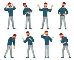 Cartoon man character. Thinking male, smiling happy men and sad man in casual clothes vector illustration set