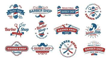 Barbershop badges. Vintage barber label, retro shave salon badge and gentleman haircut old sign vector illustration set