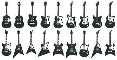 Black and white guitars. Acoustic strings music instruments, electric rock guitar silhouette and stencil guitars icons vector set