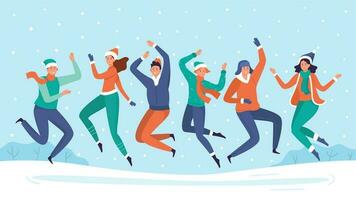 People jump in snow. Group of friends enjoy snowfall, happy winter holidays and snow vacation vector illustration