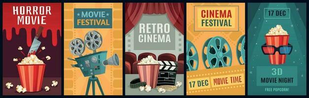 Movie poster. Horror film, cinema camera and retro movies night posters template vector illustration set