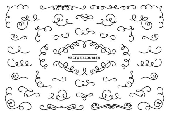 Line flourish ornament swirls. Vintage swirl lines, ornamental flourishes devider and retro frame corner vector set. Filigree linear design elements collection. Ornate curves isolated on white