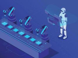 Manufacturing automatization. Artificial intelligence controls automated conveyor and robotized industry isometric vector illustration