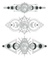 Moons phases in mystic sky. Mother moon, hand drawn pagan tattoo or sketch wicca moon goddess vector illustration set. Lunar phases monochrome drawings pack. Ancient astronomy, occult symbols