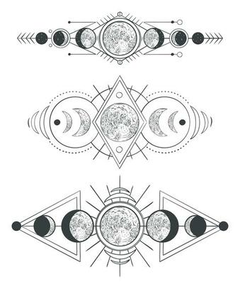 Moons phases in mystic sky. Mother moon, hand drawn pagan tattoo or sketch wicca moon goddess vector illustration set. Lunar phases monochrome drawings pack. Ancient astronomy, occult symbols