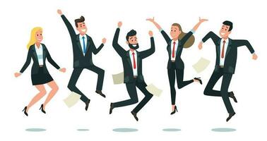 Jumping business team. Office workers jump, happy corporate colleagues jumped together and teamwork fun vector cartoon illustration