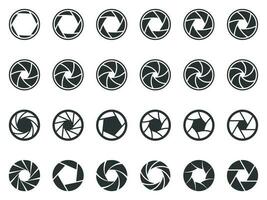 Camera lens diaphragm. Photo lenses aperture, cameras shutter silhouette icon and shutter apertures pictogram vector symbols set