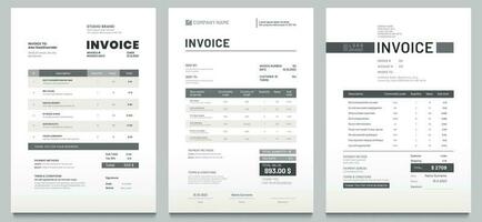 Invoices templates. Price receipt, payment agreement and invoice bill template vector set