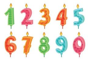 Cartoon anniversary numbers candle. Celebration cake candles burning lights, birthday number and party candle vector set
