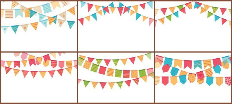 Party bunting. Birthday flags banner, color triangle flag buntings and festival paper garland vector set. Special occasion, holiday event celebration accessories illustrations with copyspace