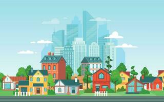 Suburban landscape. Urban architecture, small and big city buildings. Suburbans houses cartoon vector illustration. Countryside, suburbs with private cottages with city skyline on background