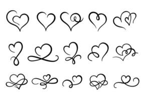 Love hearts flourish. Heart shape flourishes, ornate hand drawn romantic hearts and valentines day symbol vector set