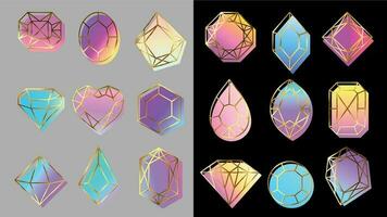 Gems with gradients. Jewelry stone, abstract colorful geometric shapes and trendy hipster diamond vector symbols set