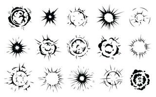 Radial explosion silhouette. Exploding bursts, round explosions cloud and exploded bomb effect black silhouettes graphic vector set