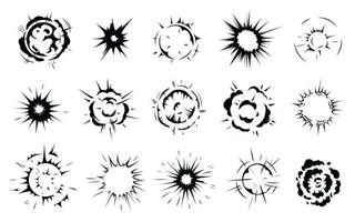 radial explosión silueta. explotando estalla, redondo explosiones nube y explotó bomba efecto negro siluetas gráfico vector conjunto