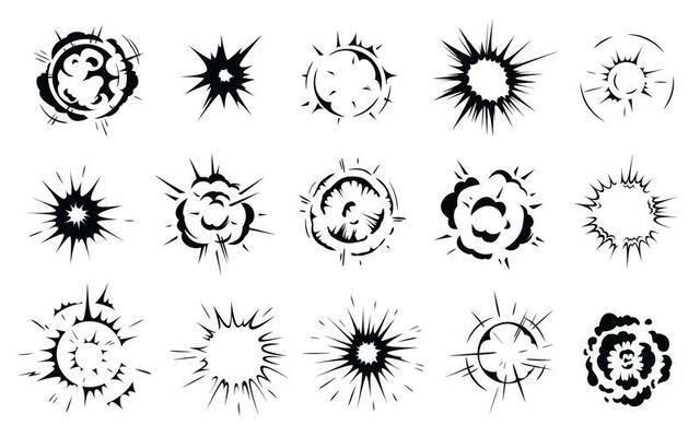 Radial explosion silhouette. Exploding bursts, round explosions cloud and exploded bomb effect black silhouettes graphic vector set