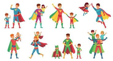 Cartoon father superhero. Happy fathers day, super parent with kids and hero dad vector illustration set