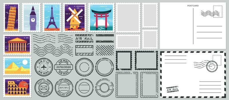 Postage stamps. Air mail envelope, post office stamp and postal stamps vector set. Cachets and postmarks with different landmarks illustrations. Blank postcard and letter templates with text space