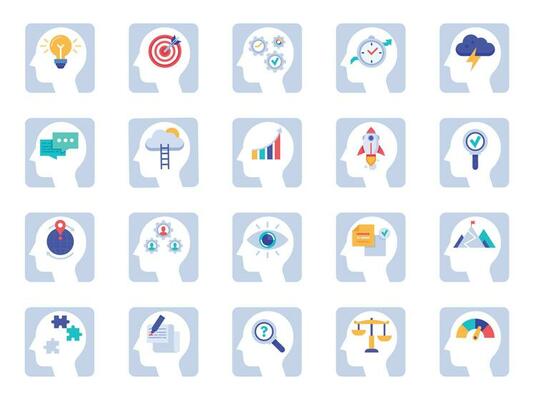 Brain thinking process icons. Business idea, success solution in businessman head and human brains psychology flat icon vector set