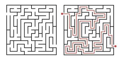 Labyrinth game way. Square maze, simple logic game with labyrinths way vector illustration