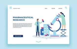 Pharmaceutical research. Scientists lab, pharmaceutics scientist and laboratory researchers landing page vector illustration