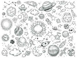 Space doodle. Astrology doodles, sketch space universe planets and hand drawn cosmic rocket vector illustration set. Black and white celestial bodies, spacecrafts and astronomy symbols drawings