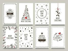 Hand drawn winter holidays cards. Merry Christmas card with floral ornaments, New Year tree and snowflakes frame vector set