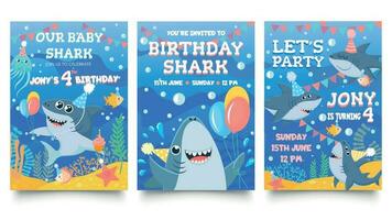 Invitation card with cute sharks. Baby shark birthday party, sharks family celebrate children birthday and invitations template cartoon vector illustration
