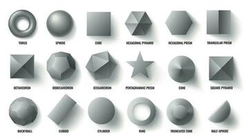 básico 3d formas parte superior vista. realista pirámide forma, geométrico polígono cifras y hexágono símbolo concepto vector ilustración conjunto