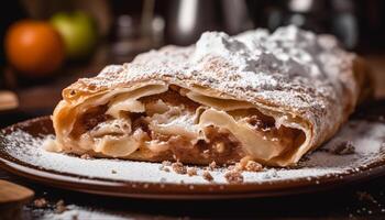 Layered apple strudel, fresh baked indulgence indoors generated by AI photo