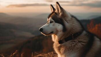 Cute puppy sitting in grass, looking away generated by AI photo