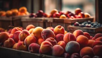 Abundance of juicy, ripe peaches in farmer market generated by AI photo