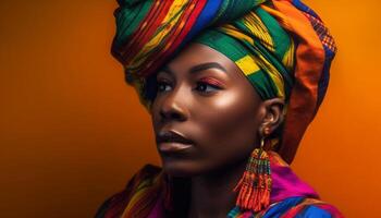 Young woman in traditional clothing, smiling beautifully generated by AI photo