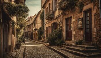 antiguo pasado de moda arquitectura, estrecho ventana, medieval escalera, europeo cultura generado por ai foto