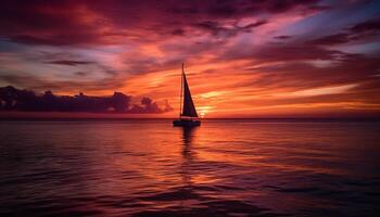 Sailboat sails into the orange horizon over water generated by AI photo