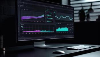 Glowing computer monitor analyzing data for business growth generated by AI photo