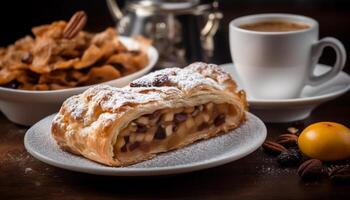 Freshly baked strudel on wooden plate, gourmet delight generated by AI photo