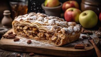 Freshly baked apple strudel on rustic wood generated by AI photo