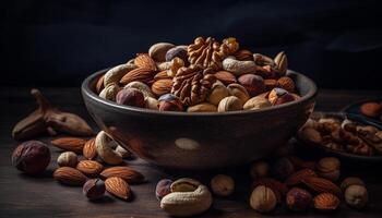 Healthy nuts and seeds in rustic bowl generated by AI photo