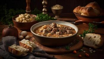 Rustic beef stew cooked on wood table generated by AI photo