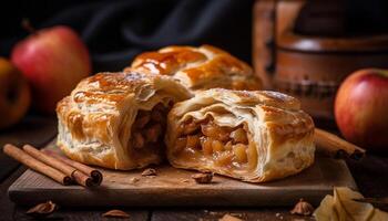 Freshly baked apple pie on rustic wooden table generated by AI photo