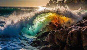 Splashing waves crash on rocky coastline at sunset generated by AI photo