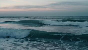 puesta de sol terminado tranquilo marina, olas rotura suavemente generado por ai foto