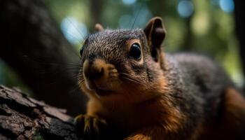 Fluffy mammal sitting on tree, looking alert generated by AI photo