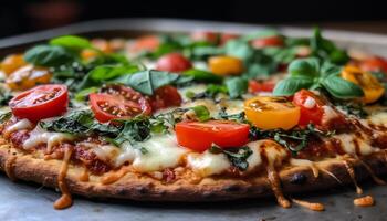 Freshly baked pizza on rustic wooden table generated by AI photo