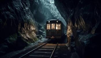 exceso de velocidad coche en antiguo ferrocarril pista, iluminado aventuras generado por ai foto