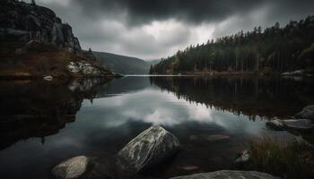 Tranquil scene of mountain reflection in water generated by AI photo